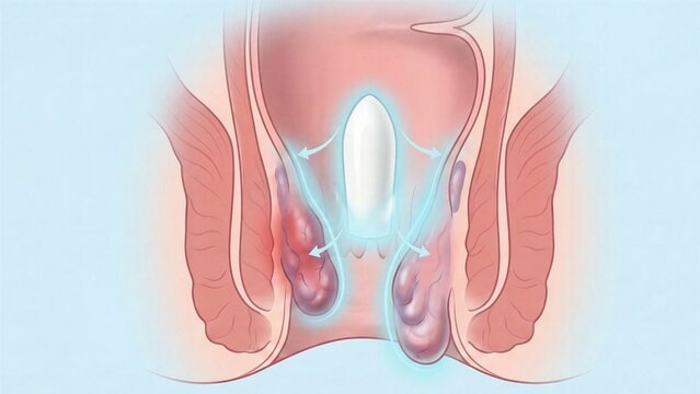 Hemorrhoid rectal suppository medical render features bullet shaped insert releasing therapeutic layer over swollen veins, calming inflammation, clinical digestive care scene
