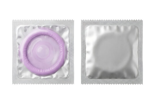 Silver condom foil packets with one lilac rolled condom displayed for contraception and personal protection isolated on a transparent background