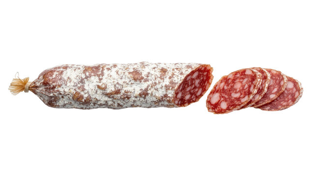 Whole dry cured salami sausage with white mold rind, sliced on transparent background