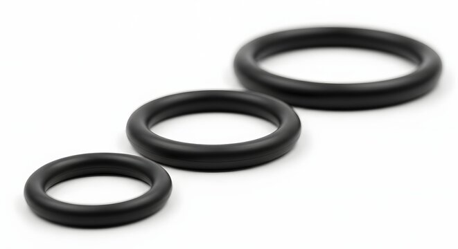 Three black rubber O-rings in varying sizes on a clean white background with selective focus