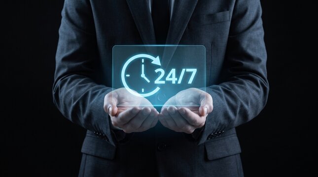 Professional businessman holding glowing twenty four seven service icon showing constant support in digital business style