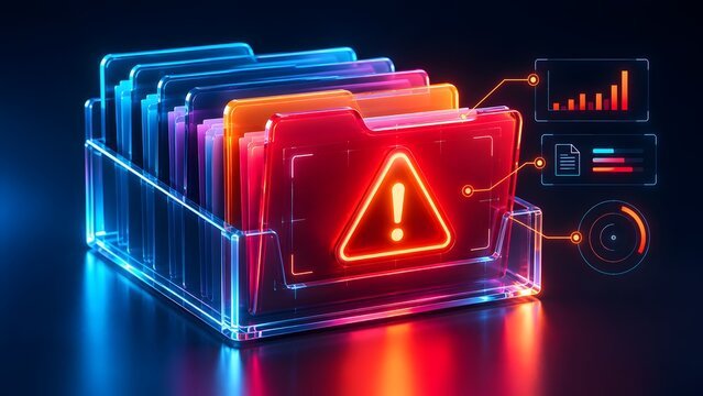 Futuristic digital folders with a glowing red warning icon and abstract UI data elements representing data security risk
