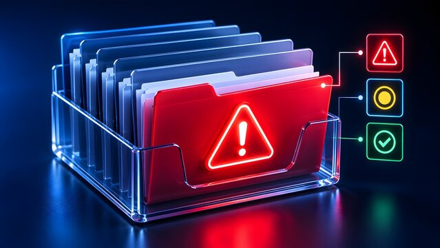 Red folder with glowing warning sign and status icons, symbolizing data security threats and solutions