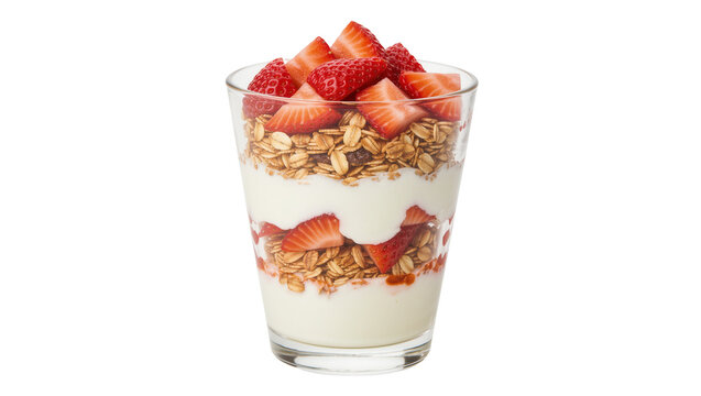 Layered strawberry and granola parfait in a clear glass, isolated on transparent background