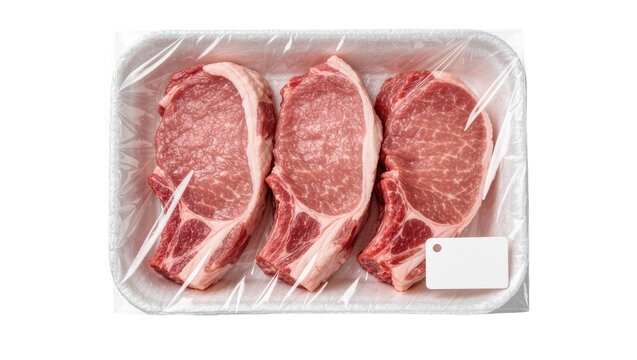 Three raw pork chops in a white styrofoam tray wrapped in plastic film, isolated on transparent background