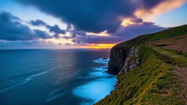 Nature - Breathtaking cinematic timelapse of golden sunset transitioning to dusk over dramatic ocean cliffs and rolling waves in coastal landscape