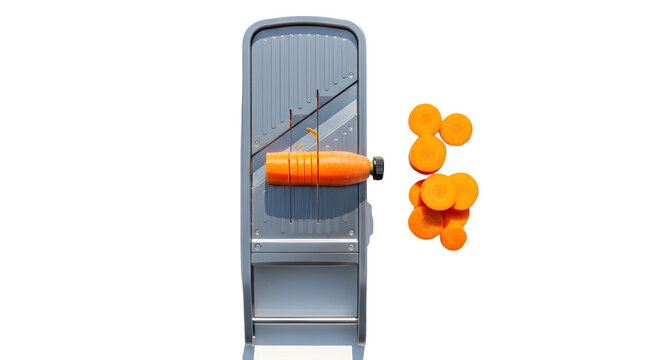 Kitchen mandoline vegetable slicer cutting carrots isolated on a plain transparent background