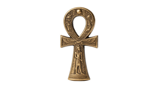 Antique bronze Egyptian ankh symbol with hieroglyphs, isolated on transparent background