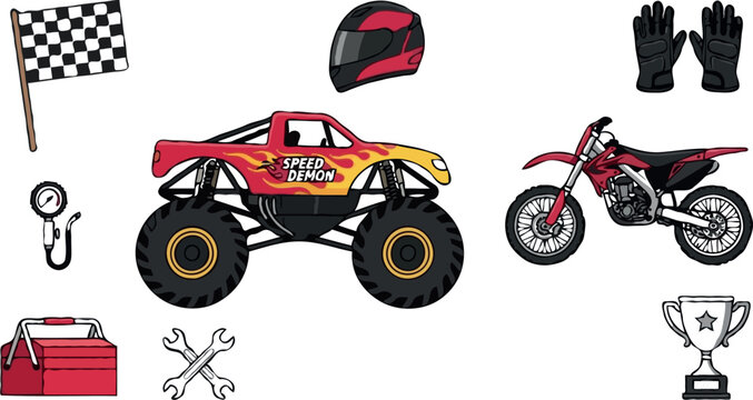 Monster truck motorsport and extreme dirt bike racing vector illustration set with a red flame speed demon truck motorcycle helmet checkered flag and mechanics tools.