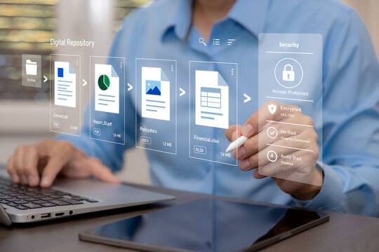 Secure digital repository for business documents with encryption, access protection, verification and audit trail, representing records management, data governance and enterprise document security.
