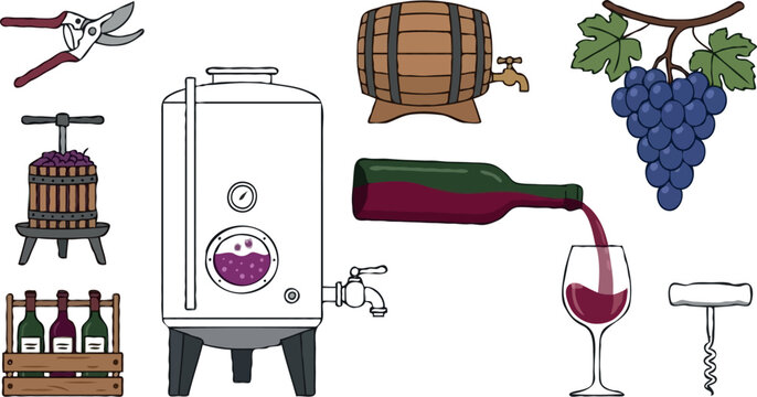 Traditional winemaking process and winery equipment vector illustration set with fermentation tank wooden barrel grape harvest press and pouring wine bottle.