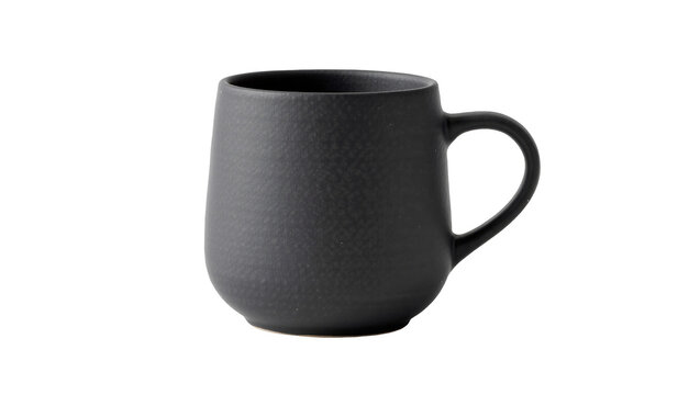 Matte black ceramic mug with textured surface, isolated on transparent background