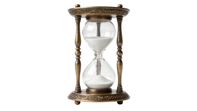 Antique brass hourglass with white sand, isolated on transparent background