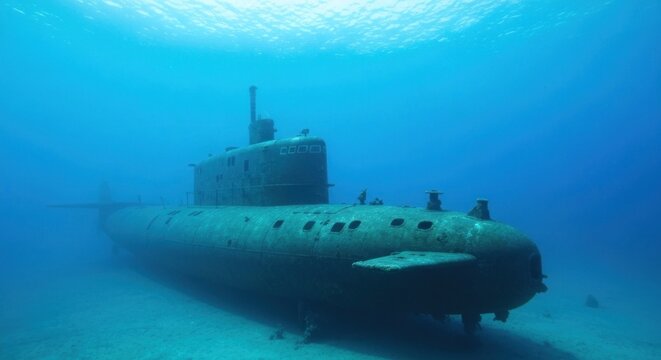 A sunken submarine rests on the ocean floor, showcasing corrosion and marine life