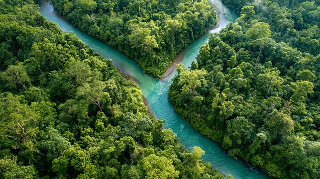 Rainforest river aerial forest jungle tropical water green nature landscape aerial view of winding river through dense tropical rainforest with lush canopy, remote wilderness, vibrant green