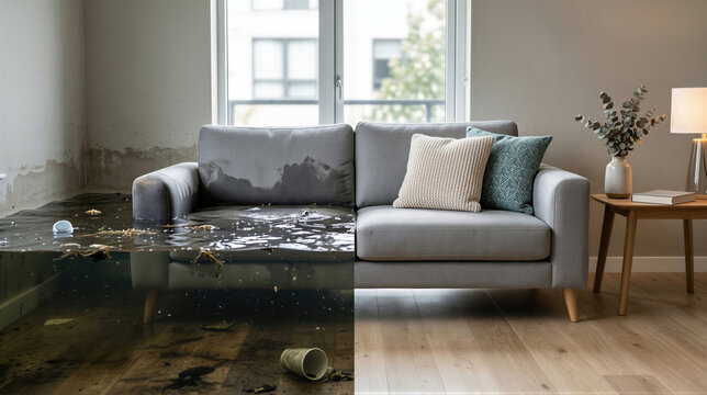 Living room sofa half submerged in dirty flood water compared with dry side. Residential interior water damage disaster. Home flooding crisis, insurance claim concept and cleanup.
