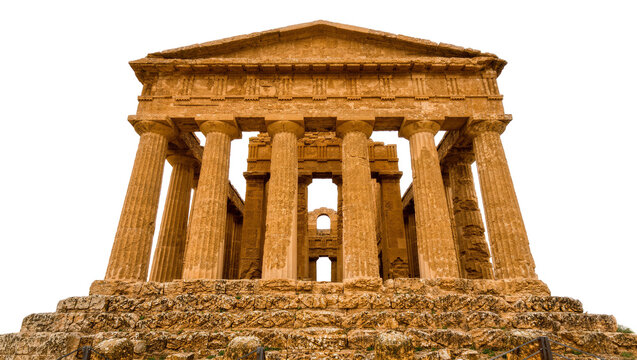 Ancient Greek Doric temple ruins with weathered stone columns, isolated on transparent background