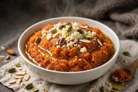 Gajar ka halwa carrot pudding with khoya and nuts in bowl