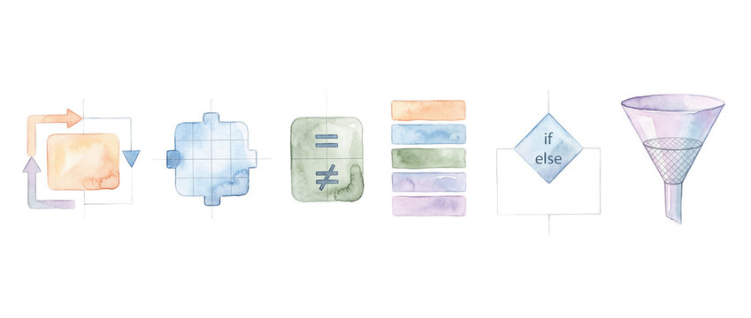 Workflow flowchart algorithm business infographic watercolor icon set displaying decision logic, funnel conversion, and data process steps on a dark background for technology presentation design.