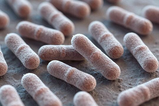 Close-up view of bacteria on a textured surface highlighting their shape