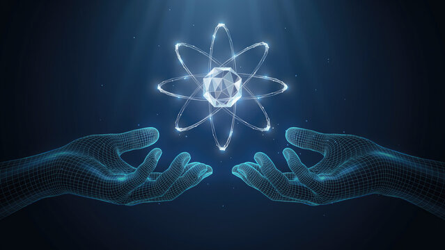 Digital wireframe hands holding a glowing geometric atom model in a dark space with Two digital mesh hands hover dark background faceted atomic structure