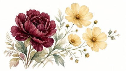 Fototapeta premium Watercolor Burgundy Peony and Yellow Cosmos Floral Arrangement Illustration