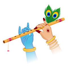 Radha Krishna playing traditional flute illustration for Janmashtami celebration, featuring divine hands, peacock feathers and colorful Hindu devotional artwork © SIAMUL
