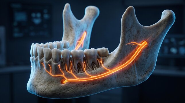 Human Mandible with Glowing Trigeminal Nerve Pathways, Realistic Teeth Sockets and Detailed Cortical Bone Anatomy