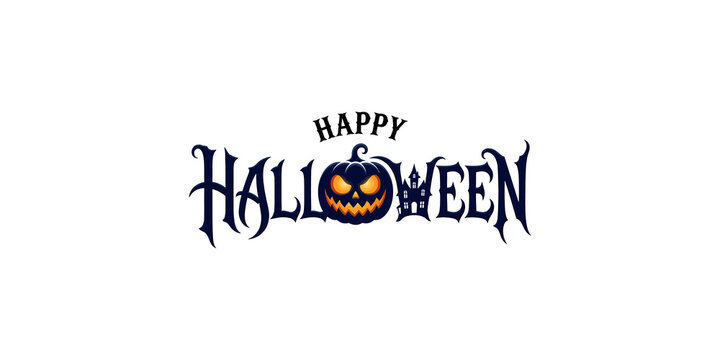 Happy halloween text logo with dark pumpkin and haunted house silhouette for festive spooky season graphic design.