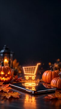 Smartphone with glowing shopping cart among Halloween pumpkins, seasonal e-commerce concept for retail advertising