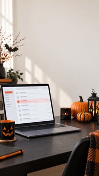 Laptop with online account interface in Halloween home workspace, digital communication concept for business advertising