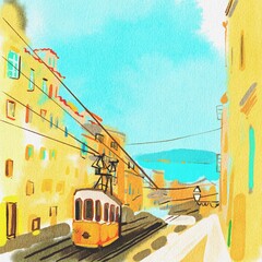 street in the city Lisbon.  yellow tram , Portugal . Hand drawn watercolor illustration.  © Olesia La