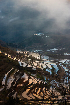 Aerial view of the terraced fields in Yuanyang, Yunnan Province
