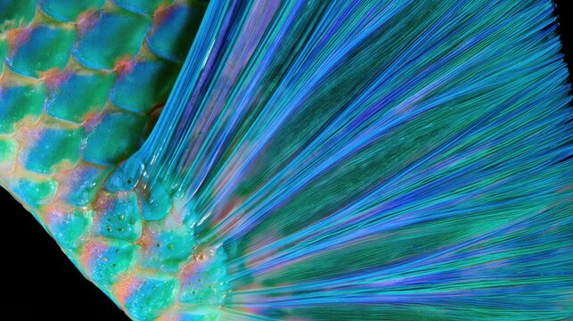 Parrotfish Pectoral Fin Emerging From Intensely Colored Tropical Scales with Blue And Cyan Fin in Horizontal Macro View