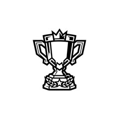 Black and white vector illustration of a championship trophy cup with a crown. © prayer