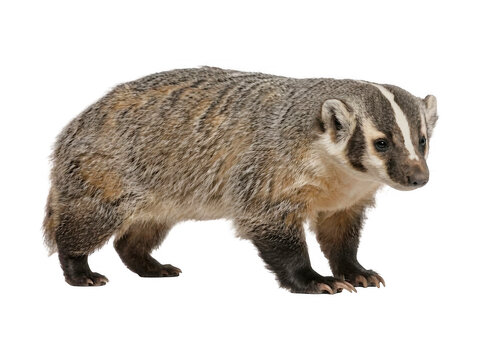 American badger standing on white background with wild animal north american forest animal nature photography