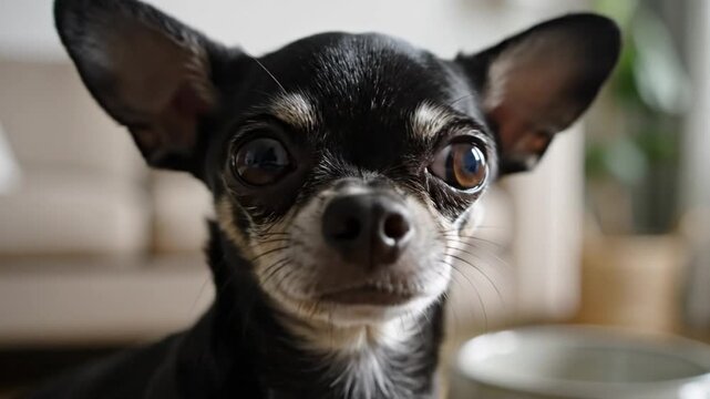 Cute Chihuahua Dog Looking Directly at Camera in Living Room with Large Eyes and Big Ears