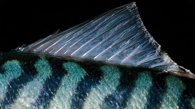 Mackerel Dorsal Fin Emerging From Metallic Patterned Skin with Black And Navy Membrane in Horizontal Macro View