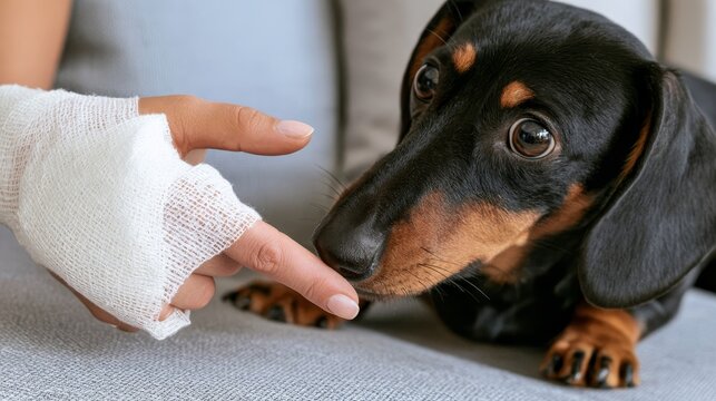 Black and tan dachshund dog staring at a gauze bandaged human finger on a sofa at home, illustrating pet safety, injury prevention, first aid, animal care and household health awareness