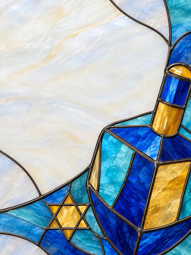 Stained glass dreidel with Star of David in blue and gold colors. Traditional Hanukkah symbol rendered in textured glass art style.