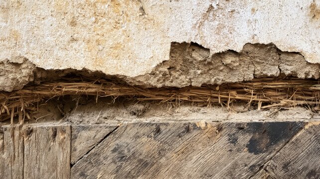 Old damaged herringbone parquet and historic wall with exposed straw, nailed wood and broken plaster, showing architectural deterioration, restoration needs, aging materials and heritage preservation