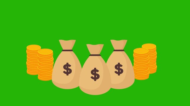 Money bags and dollar coins falling from top of the screen motion graphics animation. Money increasing and investment system vector animation on green background. 4k resolution animation on chroma key