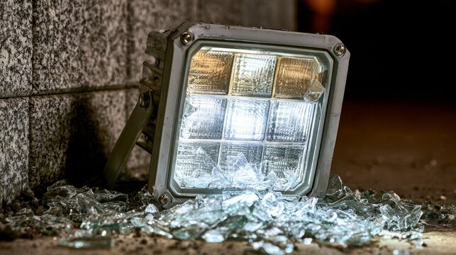 Broken LED floodlight with shattered safety glass scattered on the ground beside a stone wall, illustrating vandalism, property damage, electrical equipment failure, maintenance and safety hazards
