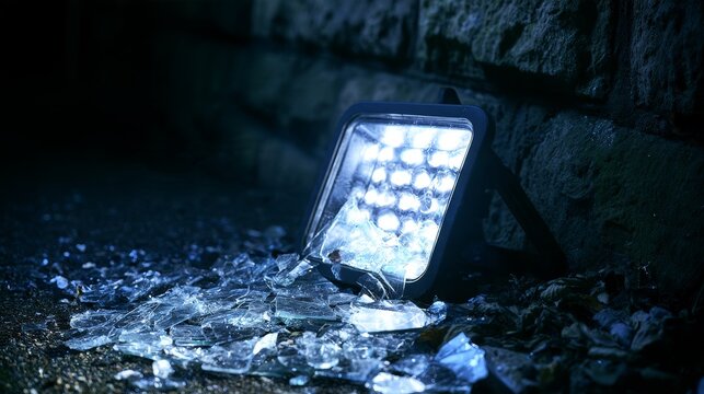 Broken LED floodlight with shattered safety glass scattered on the ground beside a stone wall, illustrating vandalism, property damage, electrical equipment failure, maintenance and safety hazards