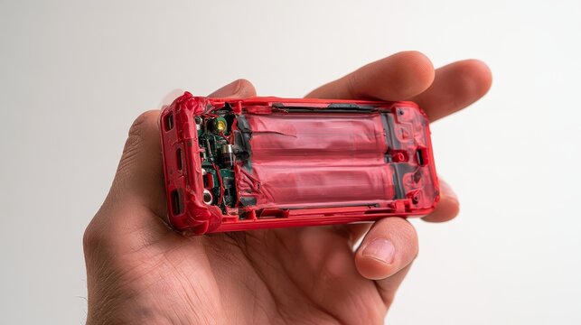 Damaged electronics and battery safety concept with a hand holding a swollen power bank with cracked plastic casing, exposing a dangerous lithium cell for repair, disposal and recycling