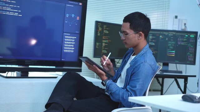 Dedicated software developer reviewing complex code across several monitors in a contemporary workspace