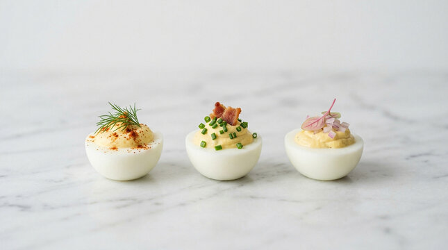 Three gourmet deviled eggs with various toppings on marble