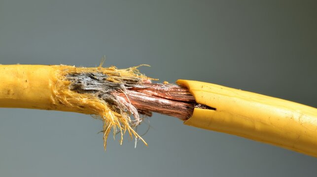 Extreme macro view of frayed yellow electrical wiring with exposed copper conductors, highlighting damaged insulation, electrical hazards, repair needs, maintenance and safety risks
