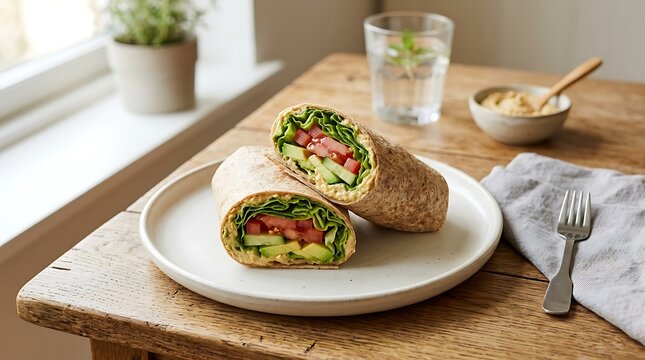 Fresh healthy chicken wrap with green vegetables on a white plate on a rustic wooden kitchen table. Lazy lunch ideas