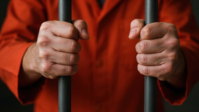Hands of a prisoner holding prison bars